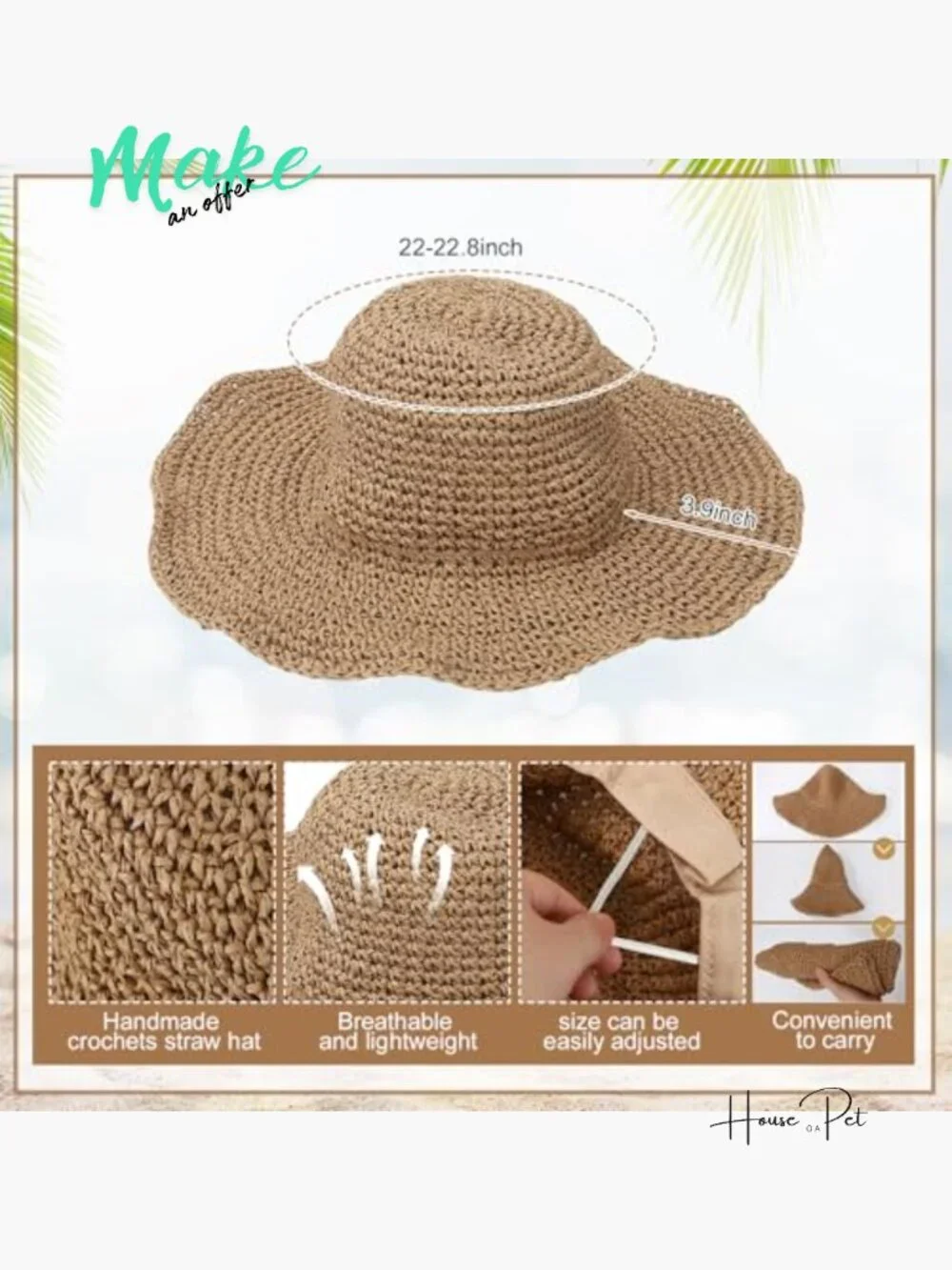 10 Pcs Mesh Beach Tote & Straw Hat Set with Earrings - Picture 4 of 7